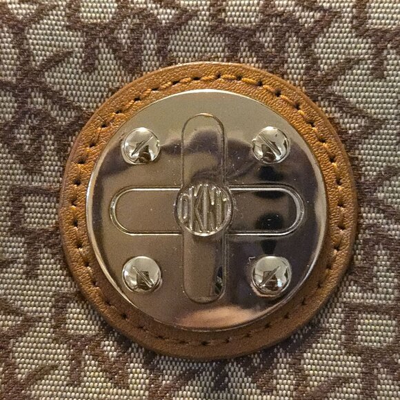 DKNY Logo Canvas & Leather Womens Bi-Fold Wallet With Zip Coin Pocket Brown/Gold - Picture 2 of 7
